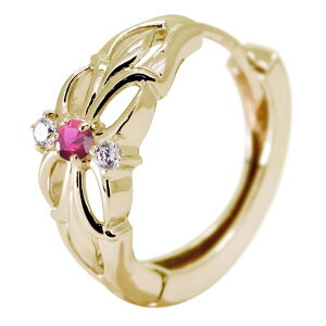 フープピアス 18k メンズ 片耳 ピアス 18金 百合の紋章 ルビー メンズピアス 透かし 7月誕生石