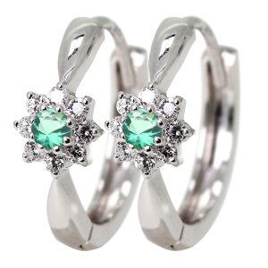 ピアス フープ プラチナ 花 フープピアス 小さい 中折れ式 エメラルド 5月誕生石 レディース ジュエリー 取り巻き 大人 きれいめ オフィス 上品