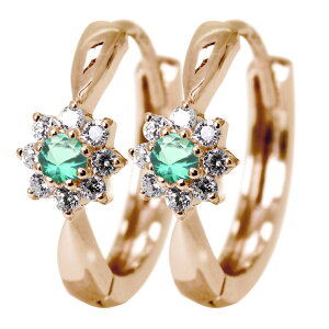 フープピアス 小さめ レディース ピアス エメラルド 取り巻き フープ 中折れ式 5月誕生石 両耳用 花モチーフ 女性 大人可愛い 普段使い オフィス