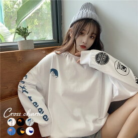 ロンT トップス 長袖 長袖Tシャツ 袖プリント オーバーサイズ 韓国 ファッション メンズ レディース ユニセックス 大人 かわいい ロゴ プリント カットソー ゆったり 韓国ファッション 韓国スタイル ルームウェア 母の日 プレゼント