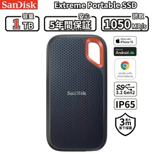 �|�[�^�u�� SanDisk Extreme Portable SSD 1TB ����1050MB/s �ϏՌ� �h���h�o IP65 USB3.2 Gen2 PS5 PS4 PC Mac ����ҏW �Q�[���ۑ� �����^�� SDSSDE61-1T00-J25