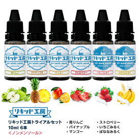 送料無料 リキッド工房 電子たばこ リキッド 10ml お試し6本セット ノンメンソール（青りんご/パイナップル/マンゴー/ストロベリー/いちごみるく/ばななみるく） 天然素材 10ml 混ぜて使える VAPE 対応