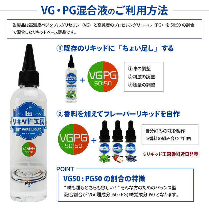 楽天市場 電子タバコ リキッド 国産 自作キッド 高濃度 ベジタブルグリセリン Vg プロピレングリコール Pg 配合比率 Vg50 Pg50 ベースリキッド 味と煙 調和型 コスパ最高 大容量 1ml 調合可能 目盛付きボトル ギフト ラッピング 対応 あす楽 プルプラ