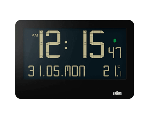 大型LCDディスプレイで視認性抜群の2WAYクロック BRAUN デジタルウォールクロック BC14(ブラック)色あせる事のない究極の造形美 12時間表示/24時間表示の切り替えが可能な時刻表示 日付、曜