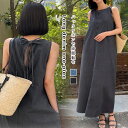 デニム ワンピース 大きいサイズ デニムワンピース ノースリーブ ロングワンピース レディース きれいめ ジーンズ クルーネック 袖なし デニムワンピ 夏 秋 春 マキシ丈ワンピース Iライン バックリボン ポケット サロペットワンピース ロング丈 ワンピ 重ね着 着回し