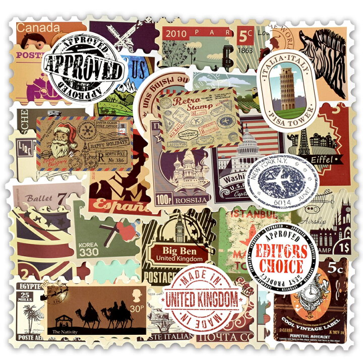 楽天市場 切手 ステッカー 50枚セット 旅行 スタンプ ラベルステッカー ブランド おしゃれ デコ キャラクター おもしろ かわいい 防水 パソコン スマホ ハワイ 自転車 バイク スーツケース ヘルメット 大量 手帳 面白い 詰め合わせ 誕生日 記念日 Select ギフト