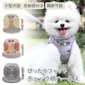 【LINE追加で5％OFF+P5倍】小型犬 リード ハーネス 子犬 犬用 犬 おしゃれ かわいい 抜けない 簡単装着 トイプードル ハーネス チワワ ポメラニアン ハーネスリード ハーネスリードセット 犬具 胴輪 チェック柄 リードセット 散歩 お出かけ ドッグ ペット用