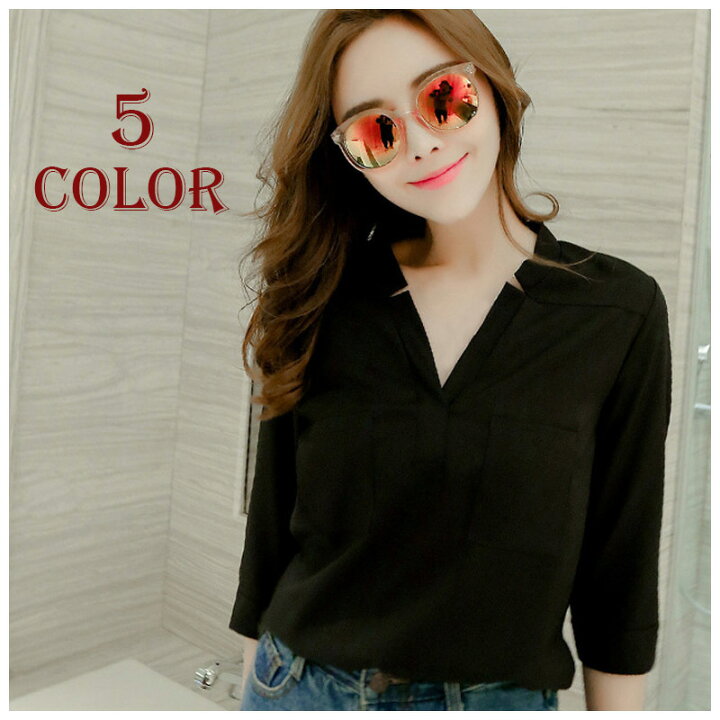 楽天市場 送料無料 シフォンブラウス 7分袖ブラウス 5分袖ブラウス レディース トップス 春 Vネック 無地 白 黒 プルオーバー 上品 きれいめ 大人女子 通勤 オフィス カジュアル Plus Nao