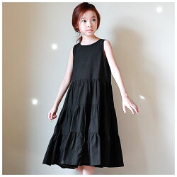 Aラインワンピースノースリーブワンピースロングワンピースティアードワンピース夏子供服女の子女児キッズ小学生無地シンプル黒ロング丈大人っぽい可愛いガーリーおしゃれカジュアル110cm120cm130cm140cm