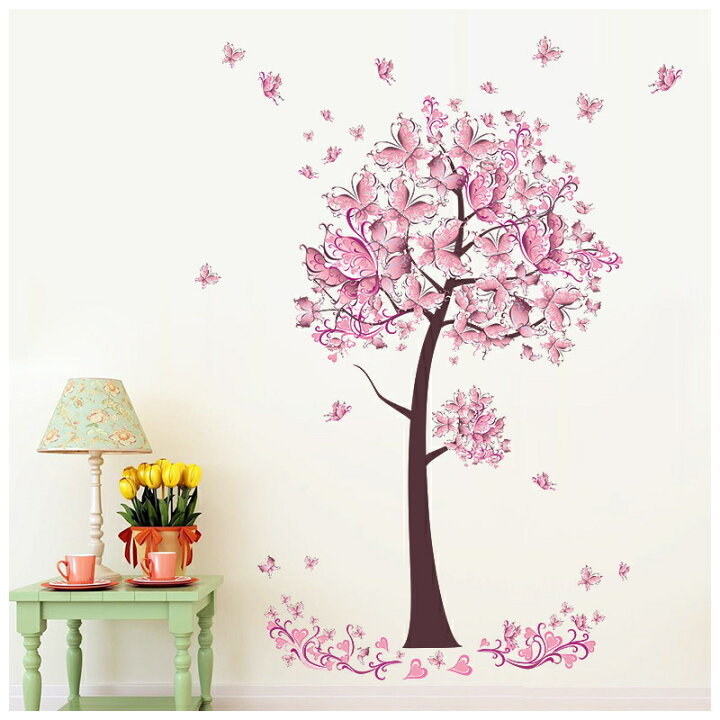 楽天市場 送料無料 ウォールステッカー ウォールシール 壁シール 壁紙シール 壁面装飾 壁装飾 室内装飾 インテリア Diy リビング 子供部屋 寝室 桜風 お花 フラワー バタフライ 蝶々 ちょうちょう 春 ピンク 可愛い おしゃれ カフェ風 Plus Nao