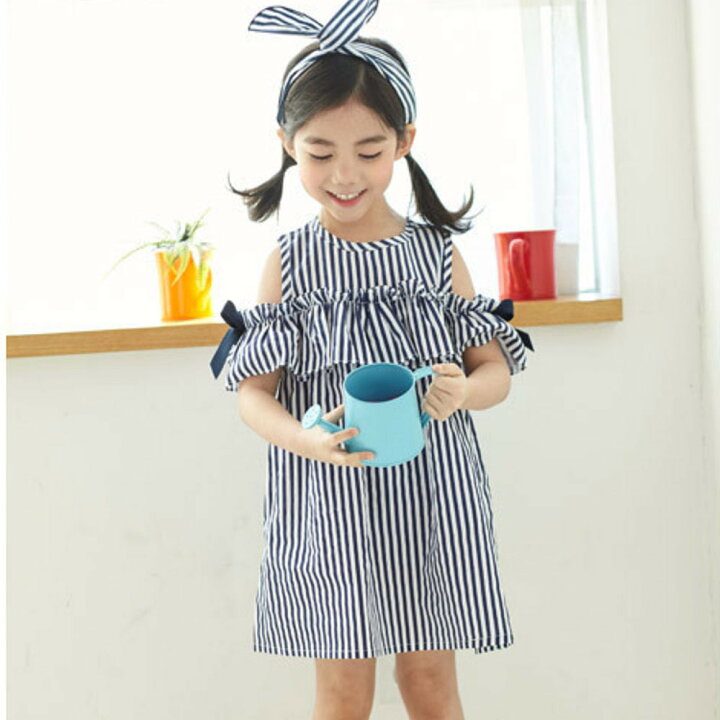 楽天市場 送料無料 ノースリーブワンピース ミニワンピース ヘアバンド付き カチューシャ付き 子供服 夏 女の子 女児 小学生 キッズ Kids ミニ丈 オープンショルダー 半袖 ストライプ柄 リボン フリル 可愛い ガーリー Plus Nao
