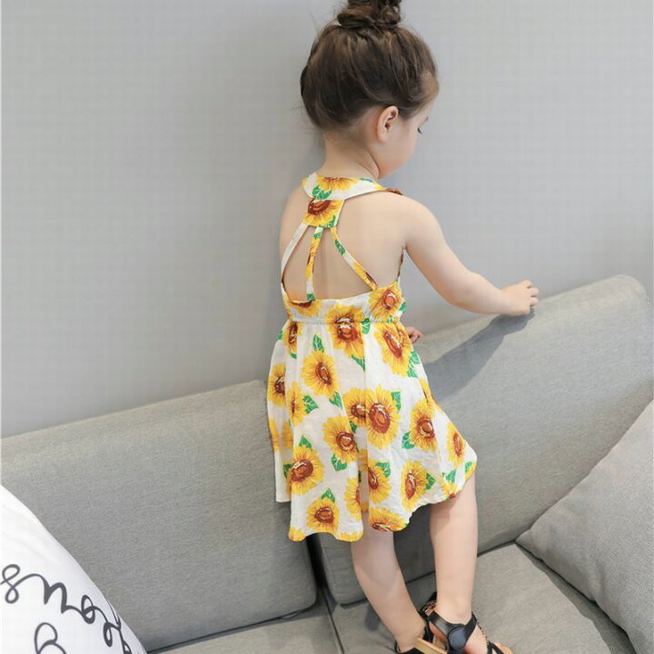 楽天市場 送料無料 キッズワンピース ワンピース 子供服 キッズ服 ベビー服 ノースリーブ バックデザイン 膝丈 Uネック フレア ひまわり ヒマワリ 向日葵 花柄 フラワー トロピカル 子供 こども キッズ ベビー 夏 サマー 可愛い かわいい ポップ カジュア Plus Nao