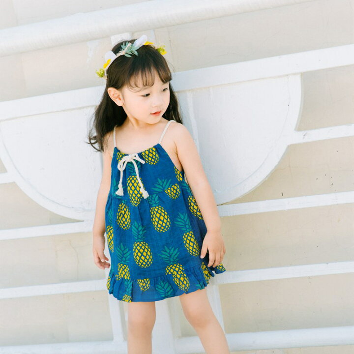 楽天市場 送料無料 キャミソールワンピース キャミワンピ Aラインワンピース ミニワンピース 子供服 こども服 春夏 パイナップル柄 フルーツ柄 ノースリーブ 袖なし ミニ丈 可愛い おしゃれ ガーリー 女の子 女児 幼児 小学生 90cm 100cm 110c Plus Nao