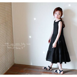 Aラインワンピースノースリーブワンピースロングワンピースティアードワンピース夏子供服女の子女児キッズ小学生無地シンプル黒ロング丈大人っぽい可愛いガーリーおしゃれカジュアル110cm120cm130cm140cm