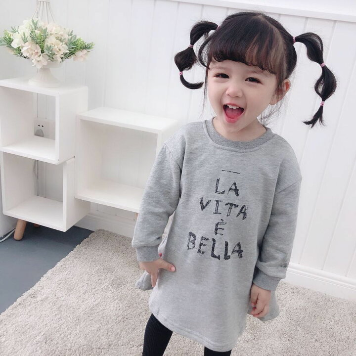 楽天市場 送料無料 ワンピース ひざ丈 長袖 Aライン ロングスリーブ トレーナー スウェット スウェットワンピース ワンピ ロングワンピ 女の子 女児 子ども キッズ かわいい 可愛い おしゃれ カジュアル ライトグレー ダークグレー ベージュ ピンク Plus Nao