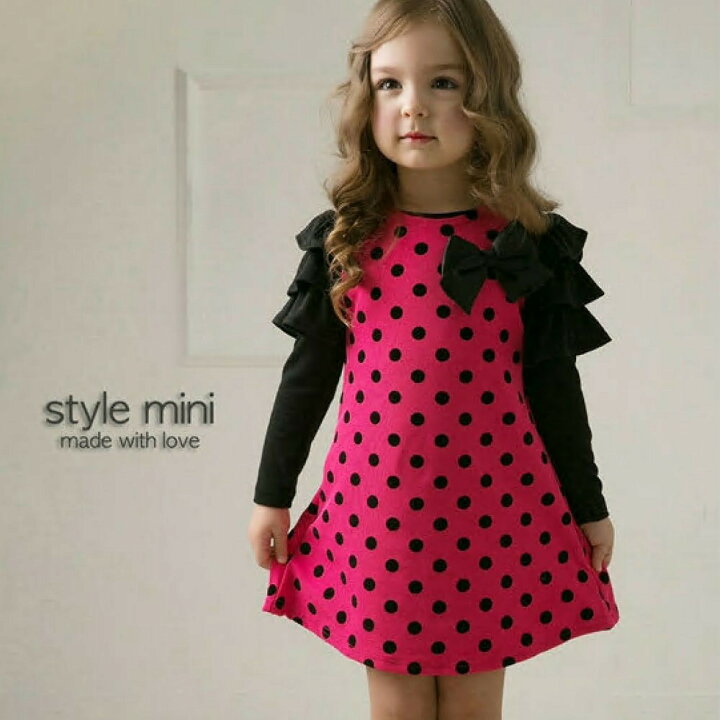 楽天市場 送料無料 長袖ワンピース Aラインワンピース ドットワンピース ミニワンピース 子供服 女の子 女児 キッズ 小学生 春秋 ミニ丈 フリル袖 リボン 水玉 派手 華やか 可愛い ガーリー おしゃれ 重ね着風 フェイクレイヤード 90cm 100cm 11 Plus Nao