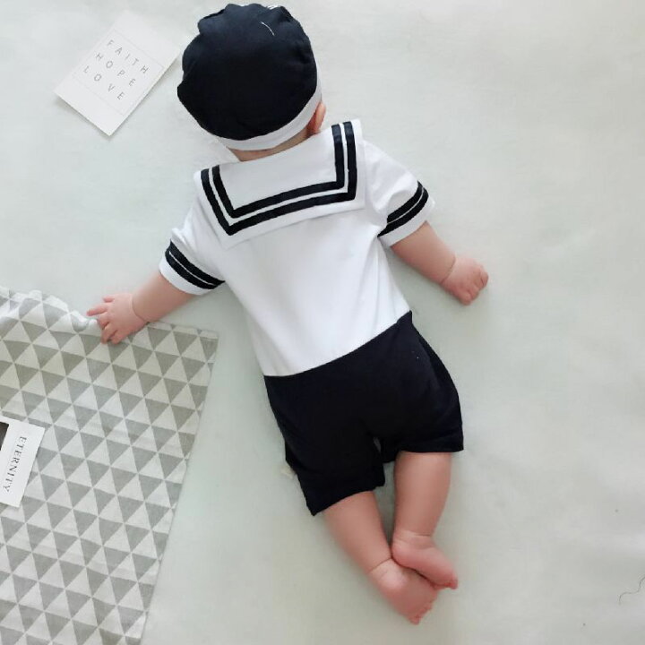 楽天市場 送料無料 ベビー 男の子 女の子 ベビー服 赤ちゃん服 ロンパース カバーオール 帽子付き 2点セット マリン セーラー つなぎ ハット 春 夏 さわやか かわいい おしゃれ 黒 白 コスプレ 出産祝い ギフト プレゼント Plus Nao