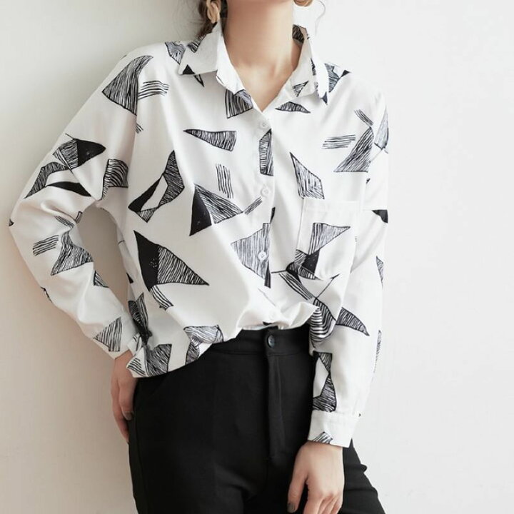楽天市場 送料無料 柄シャツ 長袖シャツ ブラウス 総柄 モノトーン レトロ レディース トップス 個性的 オシャレ きれいめ トライアングル 幾何学 Plus Nao 楽天市場 送料無料 柄シャツ 長袖シャツ ブラウス 総柄 モノトーン レトロ レディース トップス 個性的 オシャレ きれいめ トライアングル 幾何学 Plus Nao