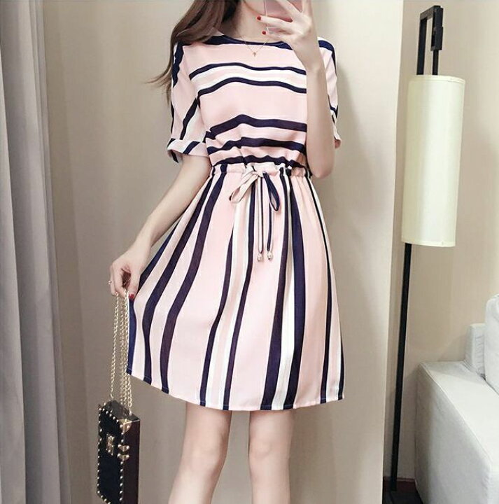 楽天市場 送料無料 ワンピース 半袖 ミディアム ラウンドネック レディースファッション 女性 服 ストライプ 可愛い Aライン オシャレ 春夏 Plus Nao