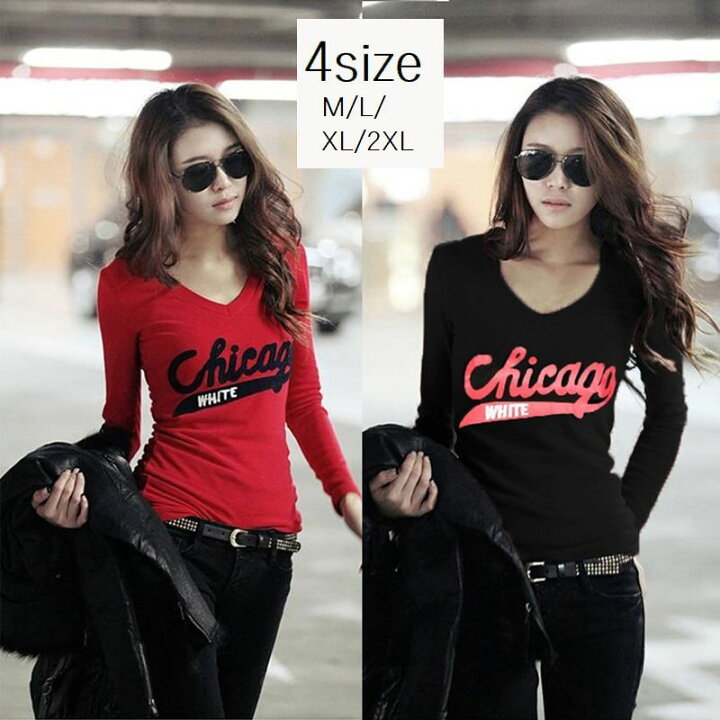 楽天市場 送料無料 長袖tシャツ レディース トップス カットソー Vネック プリント レッド ブラック カジュアル おしゃれ かっこいい スリム Plus Nao