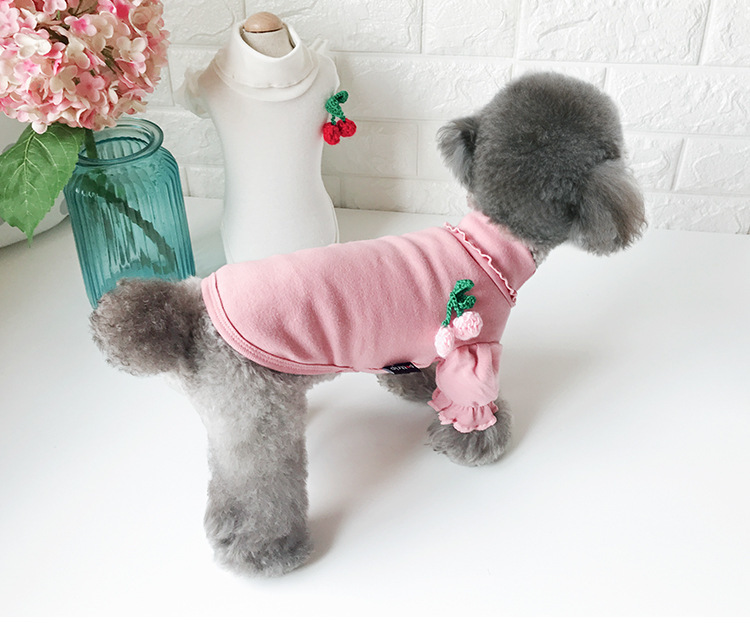 送料無料 ペット 服 ペットウェア Ｔシャツ ハイネック かわいい フリル袖 小型犬用 犬服 ドッグウェア サクランボ飾り Plus  Nao
