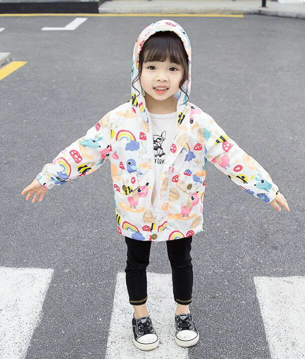 楽天市場 送料無料 パーカー ジップアップ アウター ウインドブレーカー ジャンパー キッズ ベビー 子供 女の子 イラスト プリント フード ピンク ホワイト Plus Nao