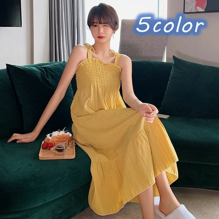 楽天市場 送料無料 ルームウェア ワンピース パジャマ ロング丈 膝下 肩紐 ノースリーブ レディース シャーリング 女性 婦人 かわいい おしゃれ 寝巻き 部屋着 フリル リボン 楽ちん 締め付けない リラックスタイム くつろぎ Plus Nao