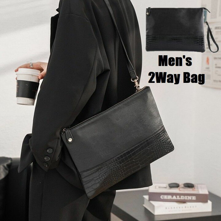 楽天市場 送料無料 2wayバッグ クラッチバッグ ショルダーバッグ メンズ 鞄 四角形 肩掛け 斜め掛け カバン ファスナー レザー調 ストラップ付き 内ポケット セカンドバッグ 高級感 おしゃれ カッコいい ビジネス 結婚式 パーティー 冠婚葬祭 男性 Plus Nao