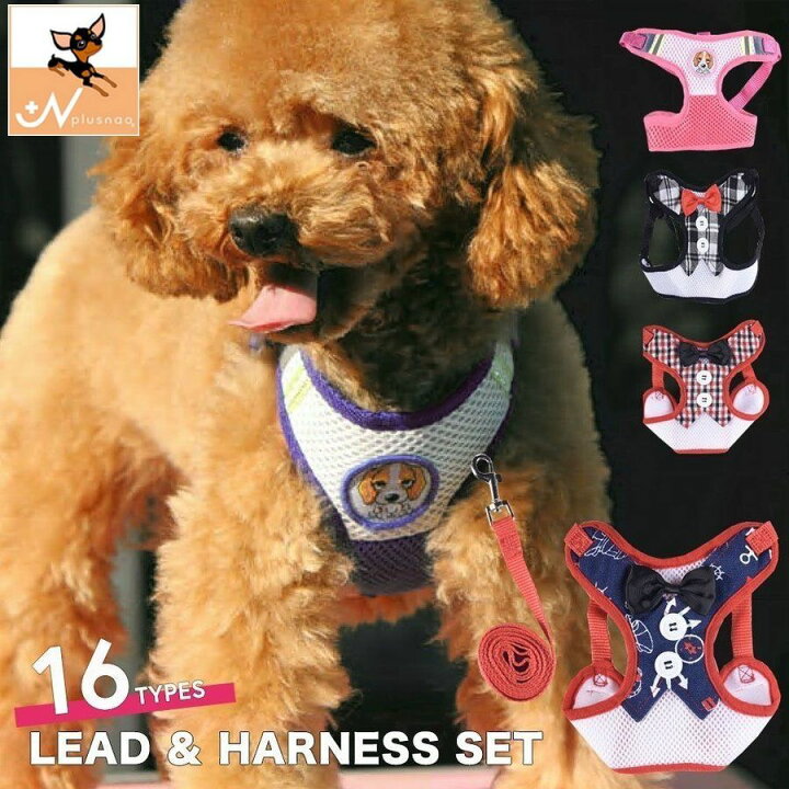 楽天市場 送料無料 ハーネス リード ２点セット ペット用 犬用 猫用 胴輪 ベスト風 ソフト 裏メッシュ 通気性 リボン ボタン お散歩グッズ 小型犬 ボーダー チェック ストライプ マリン柄 錨 イカリ アンカー おしゃれ かっこいい 可愛い かわいい デザイ Plus Nao