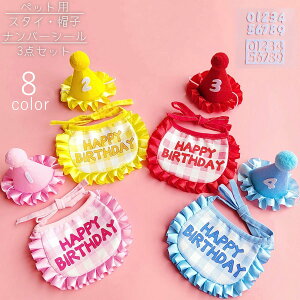 送料無料 ペット用スタイ 帽子 ナンバーシール 3点セット 犬 猫 ペット用品 誕生日 バースデー お祝い パーティー 首飾り 記念撮影 よだれかけ 前掛け ビブ 数字 ステッカー かわいい イヌ ネ