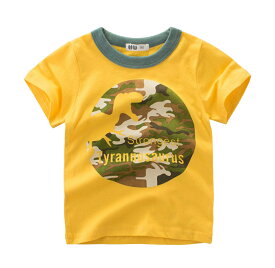 送料無料 Tシャツ カットソー ラウンドネック 丸襟 丸首 半袖 クルーネック 子供用 ベビー キッズ 恐竜 ダイナソー 迷彩柄 バイカラー 遊び着 通学 通園 カジュアル