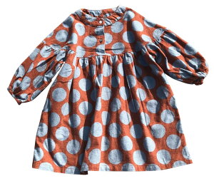 送料無料 ワンピース 7分袖 ヘンリーネック 膝丈 ミディアム丈 ミディ丈 ドット柄 子供用 キッズ フレアスカート ウィンドカフス 水玉模様 おしゃれ 可愛い かわいい ガーリー 女の子 女児