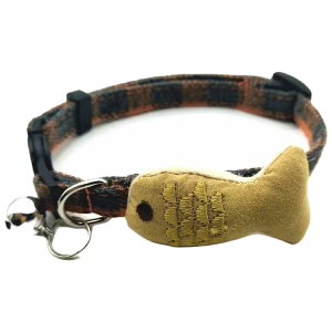 送料無料 猫用首輪 カラー ペット用品 ねこ ネコ セーフティーバックル 鈴付き チェック柄 魚 かわいい おしゃれ マスコット付き ペットグッズ