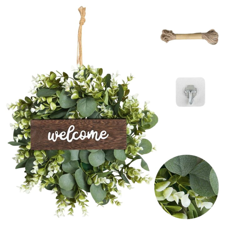リース 玄関 ドア ユーカリ フェイク グリーン おしゃれ インテリア シンプル 屋外 人気 : ギフト雑貨のシルクドフラワー&グリーン - 通販 -  Yahoo!ショッピング AOBOPO グリーンユーカリ玄関リース ウェルカムサイン・白いベリー付き (50cm) 春夏向け 農家スタイル 玄関 ... グリーンユーカリリースとウェルカムサイン、人工ユーカリリース、春夏リース、白いベリー付き、玄関、壁、窓、フェスティバル、ポーチ、ファ