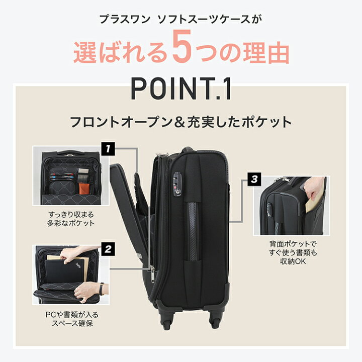 楽天市場 15 Off スーツケース Sサイズ フロントオープン ソフトキャリー 35l 軽量 機内持ち込み 静音 Hinomoto キャリーケース キャリーバッグ ファスナー 撥水 小型 Tsaロック 人気 おすすめ 日帰り ビジネス出張 旅行 1泊 2泊 3泊 プラスワン 3015 46 プラスワン