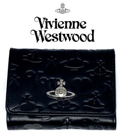 ヴィヴィアン ウエストウッド 三つ折り財布 レザー ブラック　模様入り　Vivienne Westwood レディース 　女性用　ブランド 新品 プレゼント　がま口　ギャランティ—カード付　アウトレット品
