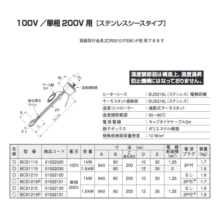楽天市場】温調付投込みヒーター ステンレスシースタイフ゜ BCS1115 (100V 1.5kW ) 水加熱工具 PSEマークなし プラグなし 八光電機 共B 代引不可 : プラスワイズ建築店 楽天市場】温調付投込みヒーター ステンレスシースタイフ゜ BCS1115 (100V 1.5kW ) 水加熱工具 PSEマークなし プラグなし 八光電機 共B 代引不可 : プラスワイズ建築店