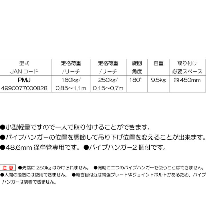 楽天市場】パイプマウント ジブクレーン PMJ 定格荷重160-250kg 旋回 