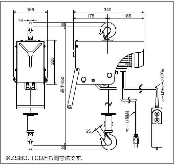 楽天市場】スリーエッチ 電動ホイスト ZS100 荷重 100kg HHH 代引不可 