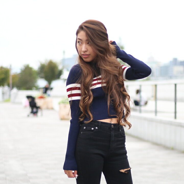 楽天市場 秋物 秋服 冬服 レディース ショート丈 長袖 ニット トップス ボーダー チュニック Tシャツ ホワイト ライン ネイビー 三本線 へそ出し セクシー かわいい おしゃれ Pluuhall 楽天市場店