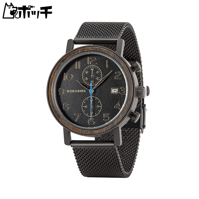 ファッション クラシック カジュアル 木製腕時計 ラグジュアリー ブランド クォーツ 腕時計 日付 ブルー 秒針 | ポッチ