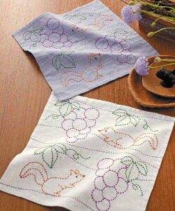 オリムパス製絲 花ふきんキット 刺し子 図案プリント済 ぶどうとリス 252