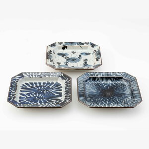 西海陶器 波佐見焼 プレート 皿 15×16cm 3枚セット 化粧箱入 手描き 古染紋 八角 日本製 20582 ネイビー