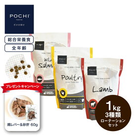 【先着350名さま「鶏レバー＆砂肝」プレゼント】【公式】POCHI ザ・ドッグフード ベーシック 1kg×3種 ローテーションセット ポチ pochi ドッグフード 犬 ドライフード 小粒 グレインフリー 低脂肪 鶏肉 ターキー サーモン 魚肉 ラム 羊肉
