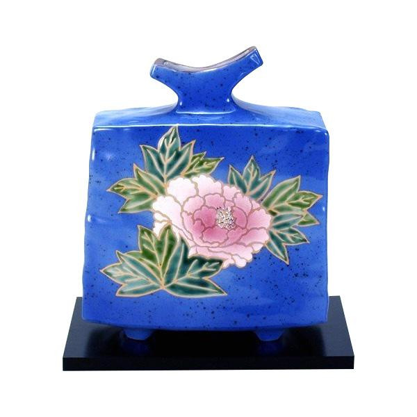 美しい九谷焼の花生け 九谷焼 6号花瓶 青釉牡丹 N166-11