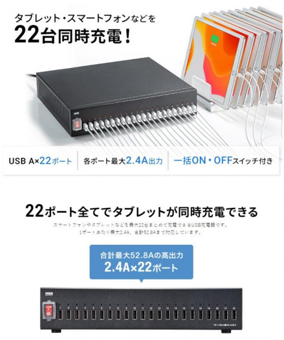 ブランド品専門の USB充電器 22ポート 合計52.8A ACA-IP72 kead.al