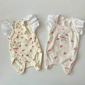 【全商品ポイント5倍】綿質パジャマ 犬の服 通気性 綿 パジャマ ロンパース つなぎ Dカン付き 女の子 春 夏 秋 小型犬 中型犬 脱げない 可愛い おしゃれ チェリー リボン レース フリル ドッグウェア ペット服 お出かけ