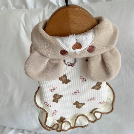 【全商品ポイント5倍】リードDカン付き犬 服 くま 耳 フリル ワンピース 秋冬 小型犬 ペットウェア ドッグウェア クマ柄 テディベア もこもこ 防寒 お散歩 かわいい おしゃれ 伸縮性抜群