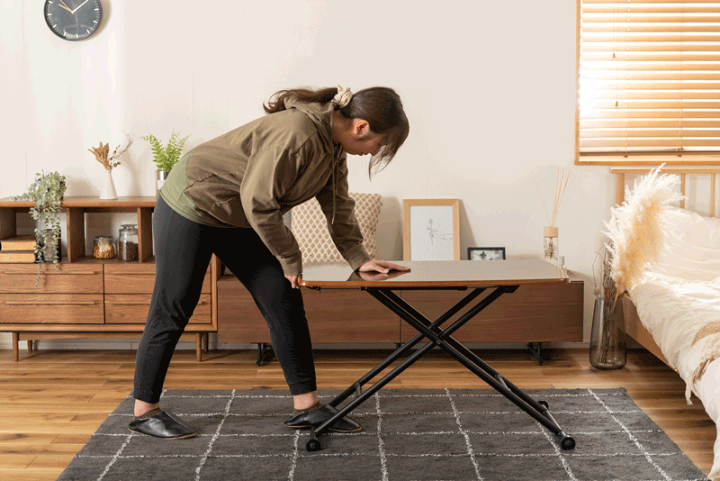 リフティングテーブル 90cm ダークブラウン リフティングテーブル 90cm ダークブラウン 収納もたっぷり！腰かけ