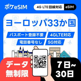 【決済後すぐメールで発行！】ヨーロッパ33か国 eSIM イーシム データ無制限 使い放題 データ通信専用（電話番号なし）ダウンロード期限：購入日から90日 7日間 10日間 15日間 20日間 30日間